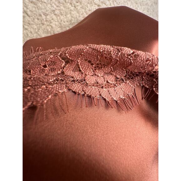 Elegant Lace Trim Satin Blouse - Rust - Picture 9 of 16